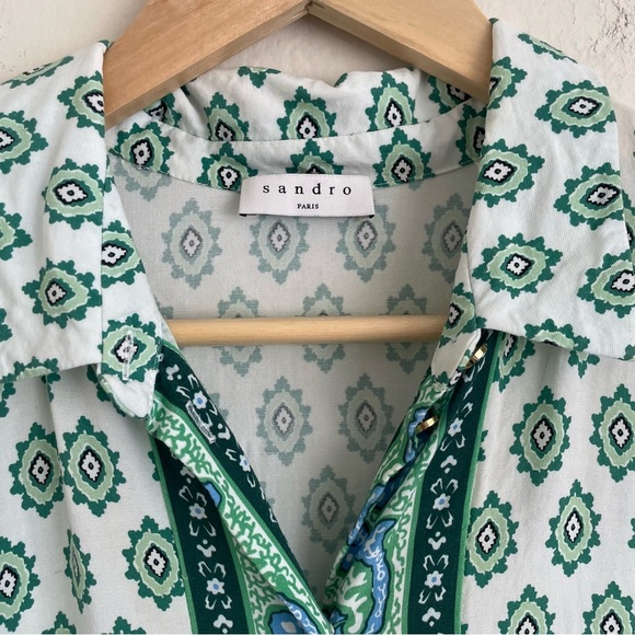 Sandro Niam Midi Dress Green Printed Linen Blend EU 42 Short Sleeve Button Front - Picture 6 of 7